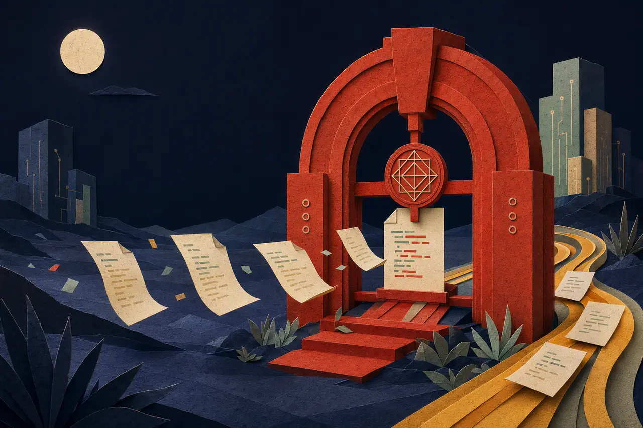 A vermilion checkpoint in a paper night landscape sorts code sheets onto an orderly golden path.